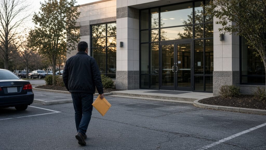A process server walks toward a New Jersey office building with a closed envelope in late afternoon light