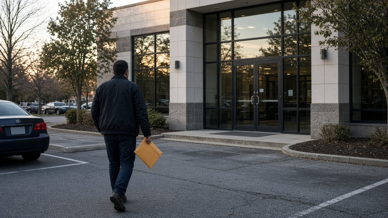 A process server walks toward a New Jersey office building with a closed envelope in late afternoon light