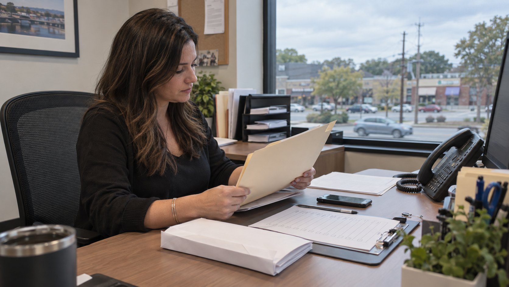 New Jersey legal coordinator reviewing a process serving packet in an office