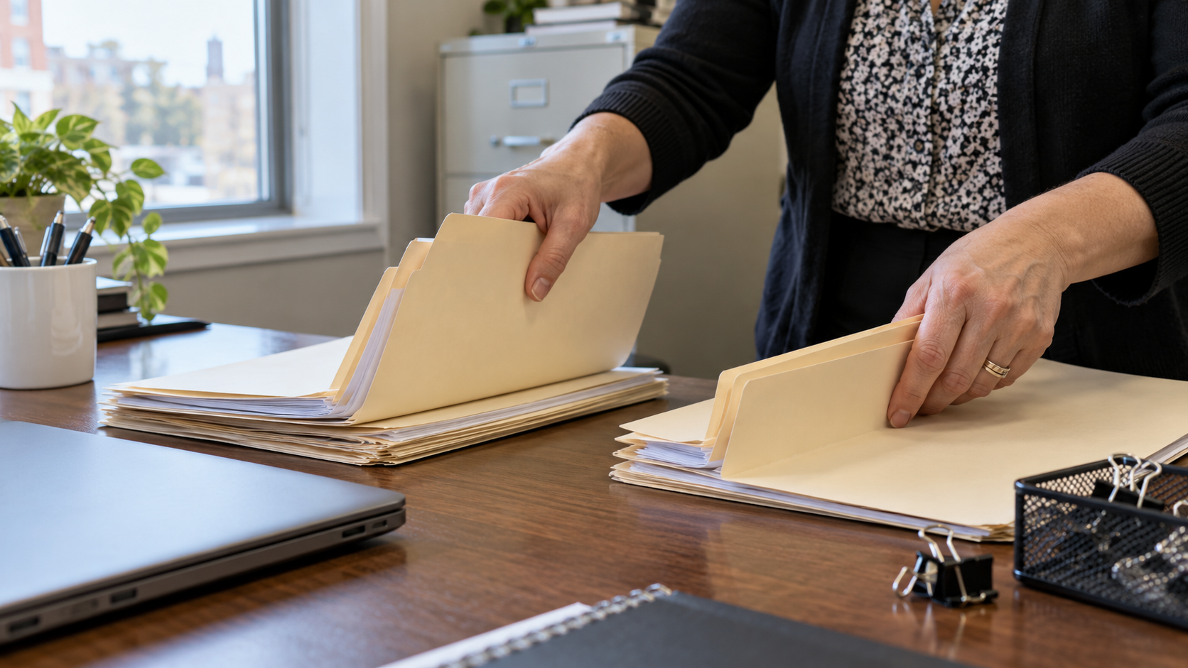 Legal office administrator separating document folders on a desk